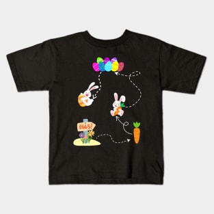 Bunny hides easter egg on Easter trail to colorful Easter eggs and Easter carrot Kids T-Shirt